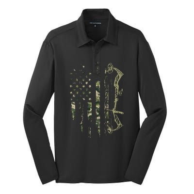 Camo American Flag Bowhunting Bow Archery Deer Hunting Gift  Silk Touch Performance Long Sleeve Polo