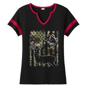 Camouflage American Flag Fishing Hunting Hunter Deer Fish Ladies Halftime Notch Neck Tee