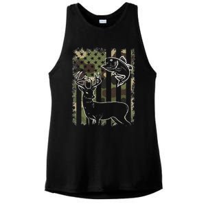 Camouflage American Flag Fishing Hunting Hunter Deer Fish Ladies PosiCharge Tri-Blend Wicking Tank