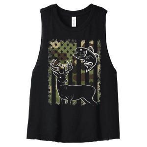 Camouflage American Flag Fishing Hunting Hunter Deer Fish Women's Racerback Cropped Tank