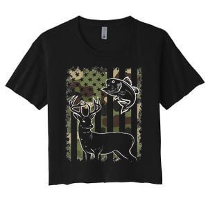 Camouflage American Flag Fishing Hunting Hunter Deer Fish Women's Crop Top Tee