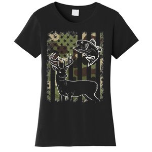 Camouflage American Flag Fishing Hunting Hunter Deer Fish Women's T-Shirt