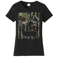 Camouflage American Flag Fishing Hunting Hunter Deer Fish Women's T-Shirt