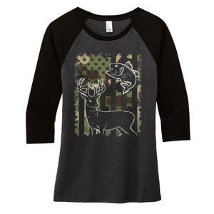 Camouflage American Flag Fishing Hunting Hunter Deer Fish Women's Tri-Blend 3/4-Sleeve Raglan Shirt