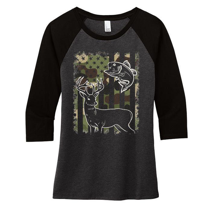 Camouflage American Flag Fishing Hunting Hunter Deer Fish Women's Tri-Blend 3/4-Sleeve Raglan Shirt