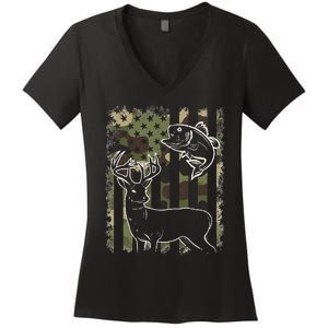 Camouflage American Flag Fishing Hunting Hunter Deer Fish Women's V-Neck T-Shirt