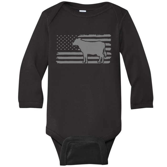 Cow American Flag with Cow Vintage Look Patriotic Famer Baby Long Sleeve Bodysuit