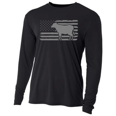 Cow American Flag with Cow Vintage Look Patriotic Famer Cooling Performance Long Sleeve Crew