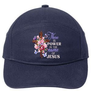 Cross And Flower There Is Power In The Name Of Jesus Christ 7-Panel Snapback Hat