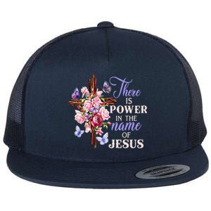 Cross And Flower There Is Power In The Name Of Jesus Christ Flat Bill Trucker Hat