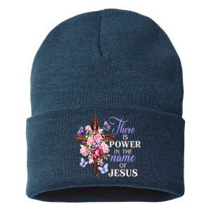 Cross And Flower There Is Power In The Name Of Jesus Christ Sustainable Knit Beanie