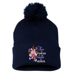 Cross And Flower There Is Power In The Name Of Jesus Christ Pom Pom 12in Knit Beanie