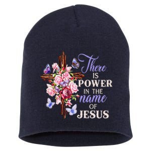 Cross And Flower There Is Power In The Name Of Jesus Christ Short Acrylic Beanie