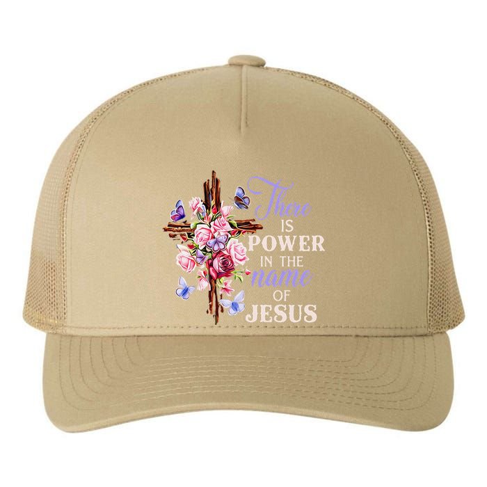 Cross And Flower There Is Power In The Name Of Jesus Christ Yupoong Adult 5-Panel Trucker Hat