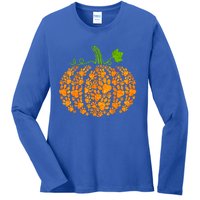 Cute Autumn Fall Pumpkin Dog Cat Paw Print Halloween Gift Ladies Long Sleeve Shirt