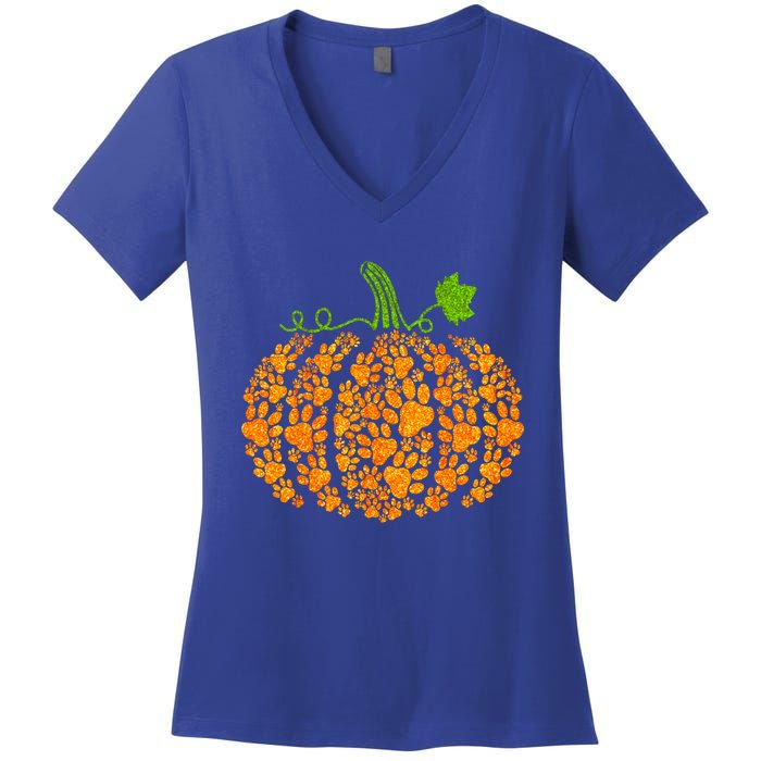 Cute Autumn Fall Pumpkin Dog Cat Paw Print Halloween Gift Women's V-Neck T-Shirt