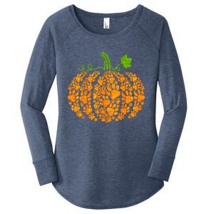 Cute Autumn Fall Pumpkin Dog Cat Paw Print Halloween Gift Women's Perfect Tri Tunic Long Sleeve Shirt