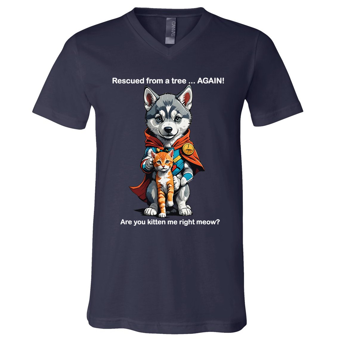 Cute Adorable Funny Gift Superhero Husky Puppy Cartoon Humor V-Neck T-Shirt