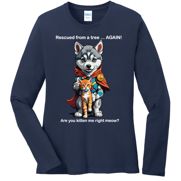 Cute Adorable Funny Gift Superhero Husky Puppy Cartoon Humor Ladies Long Sleeve Shirt