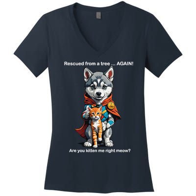 Cute Adorable Funny Gift Superhero Husky Puppy Cartoon Humor Women's V-Neck T-Shirt