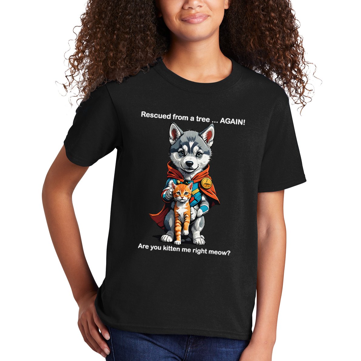 Cute Adorable Funny Gift Superhero Husky Puppy Cartoon Humor Kids T-Shirt