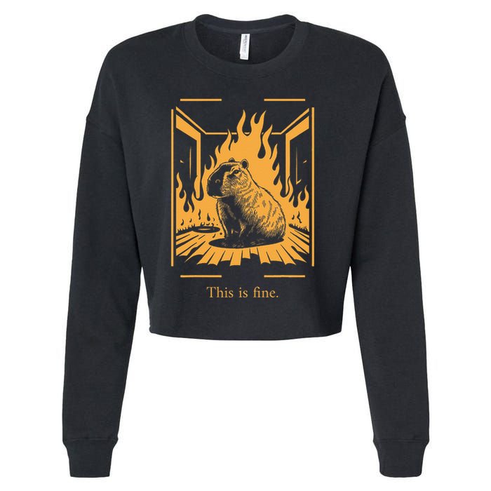 Capybara Amidst Flames This Is Fine Meme Art Cropped Pullover Crew