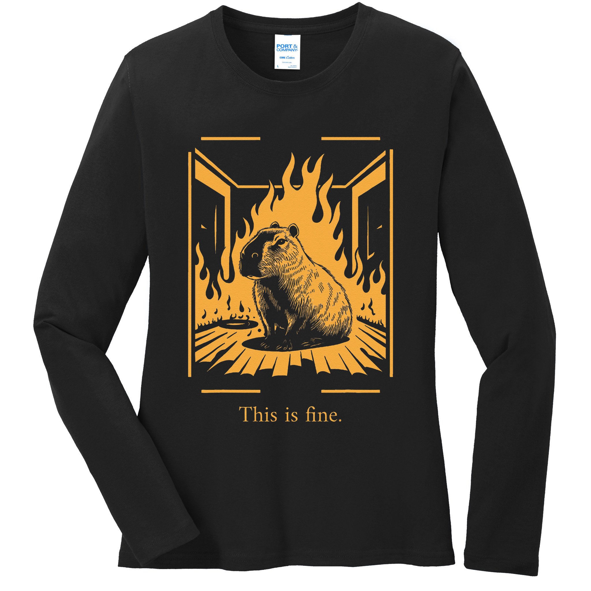 Capybara Amidst Flames This Is Fine Meme Art Ladies Long Sleeve Shirt