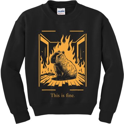 Capybara Amidst Flames This Is Fine Meme Art Kids Sweatshirt