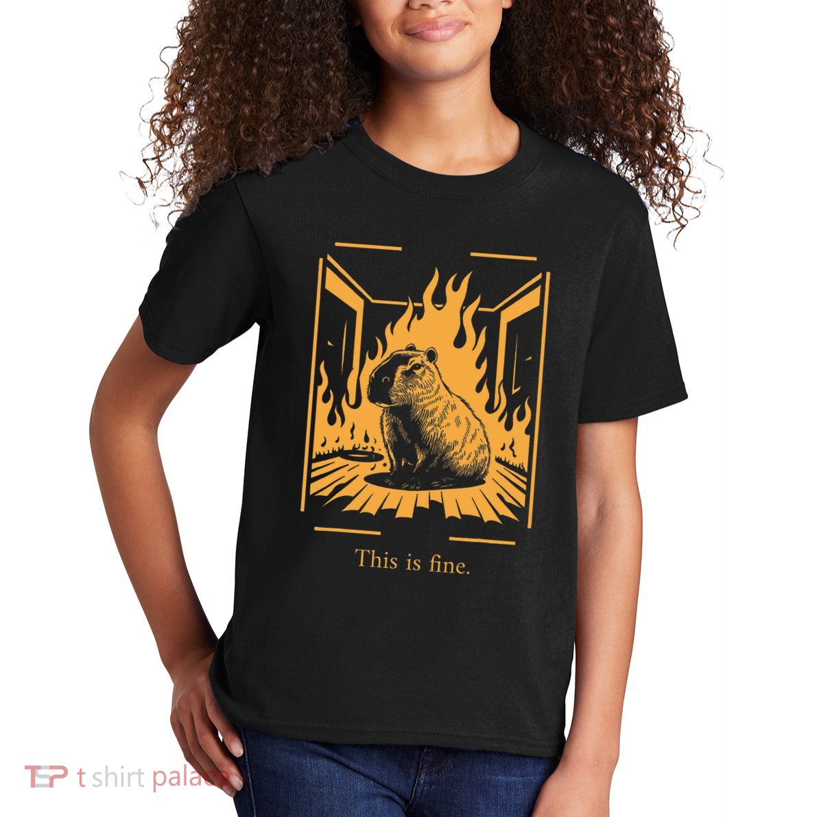 Capybara Amidst Flames This Is Fine Meme Art Kids T-Shirt