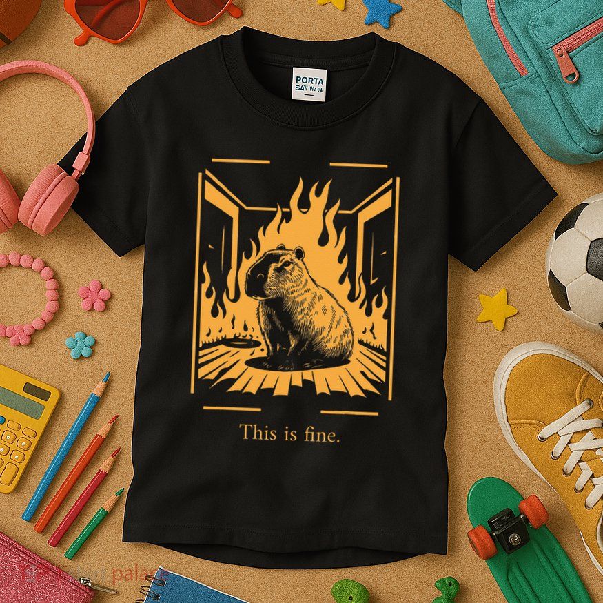Capybara Amidst Flames This Is Fine Meme Art Kids T-Shirt
