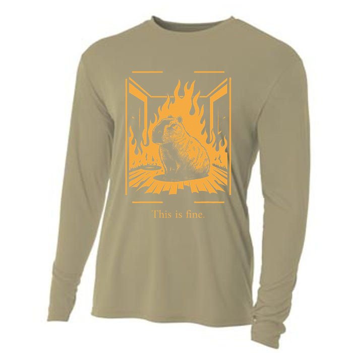 Capybara Amidst Flames This Is Fine Meme Art Cooling Performance Long Sleeve Crew