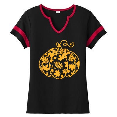 Cute Autumn Fall Leaves Pattern Pumpkin Ladies Halftime Notch Neck Tee