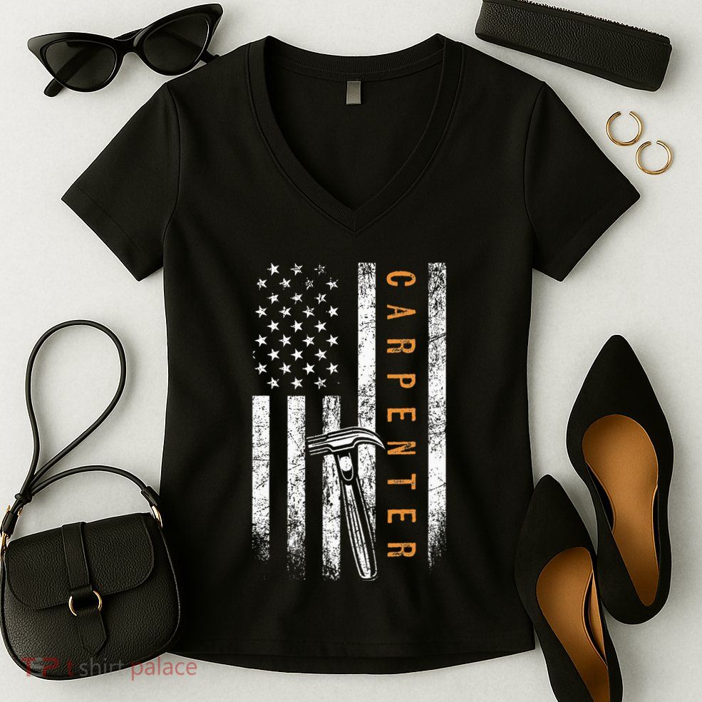 Carpenter American Flag Design Woodworking Carpentry Women's V-Neck T-Shirt