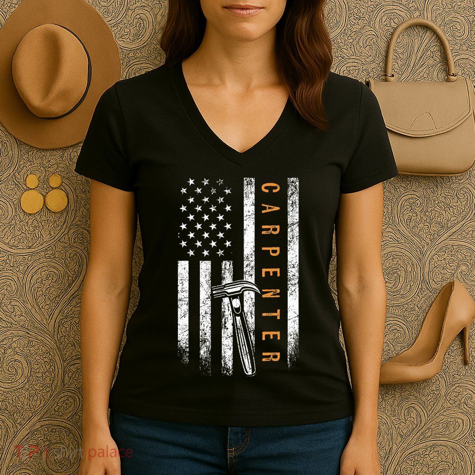 Carpenter American Flag Design Woodworking Carpentry Women's V-Neck T-Shirt