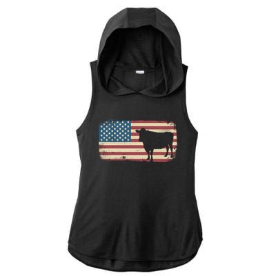 Cow American Flag Cow Gift Ladies PosiCharge Tri-Blend Wicking Draft Hoodie Tank