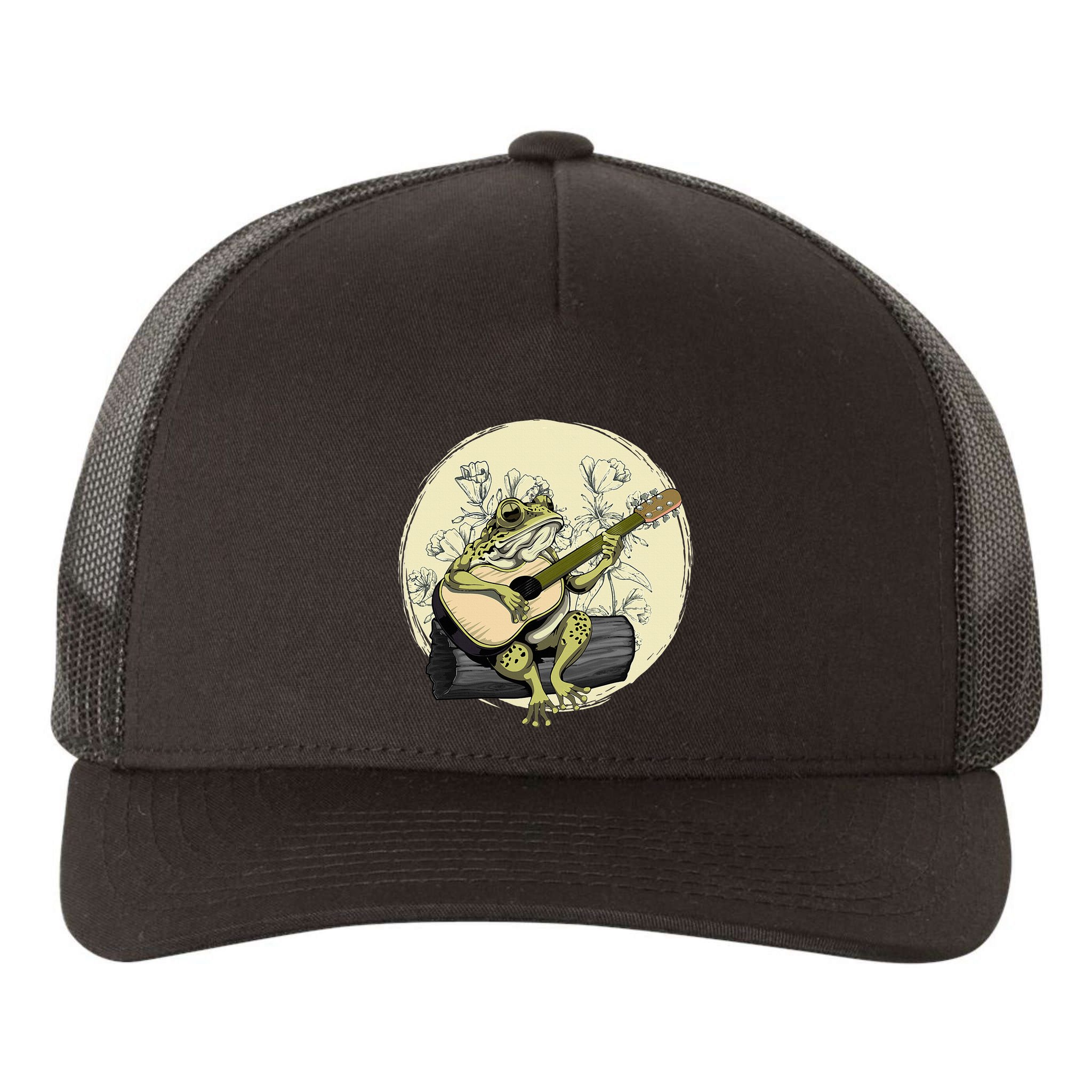 Cottagecore Aesthetic Frog Toad Playing Guitar Banjo On Log Yupoong Adult 5-Panel Trucker Hat