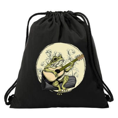 Cottagecore Aesthetic Frog Toad Playing Guitar Banjo On Log Drawstring Bag