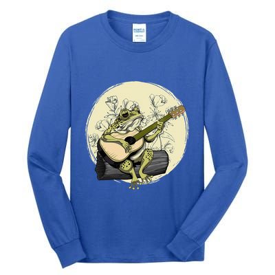 Cottagecore Aesthetic Frog Toad Playing Guitar Banjo On Log Tall Long Sleeve T-Shirt