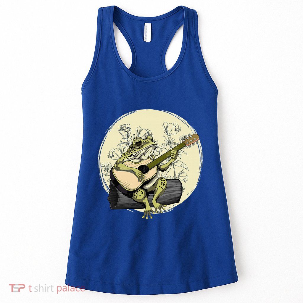 Cottagecore Aesthetic Frog Toad Playing Guitar Banjo On Log Womens Tank Top