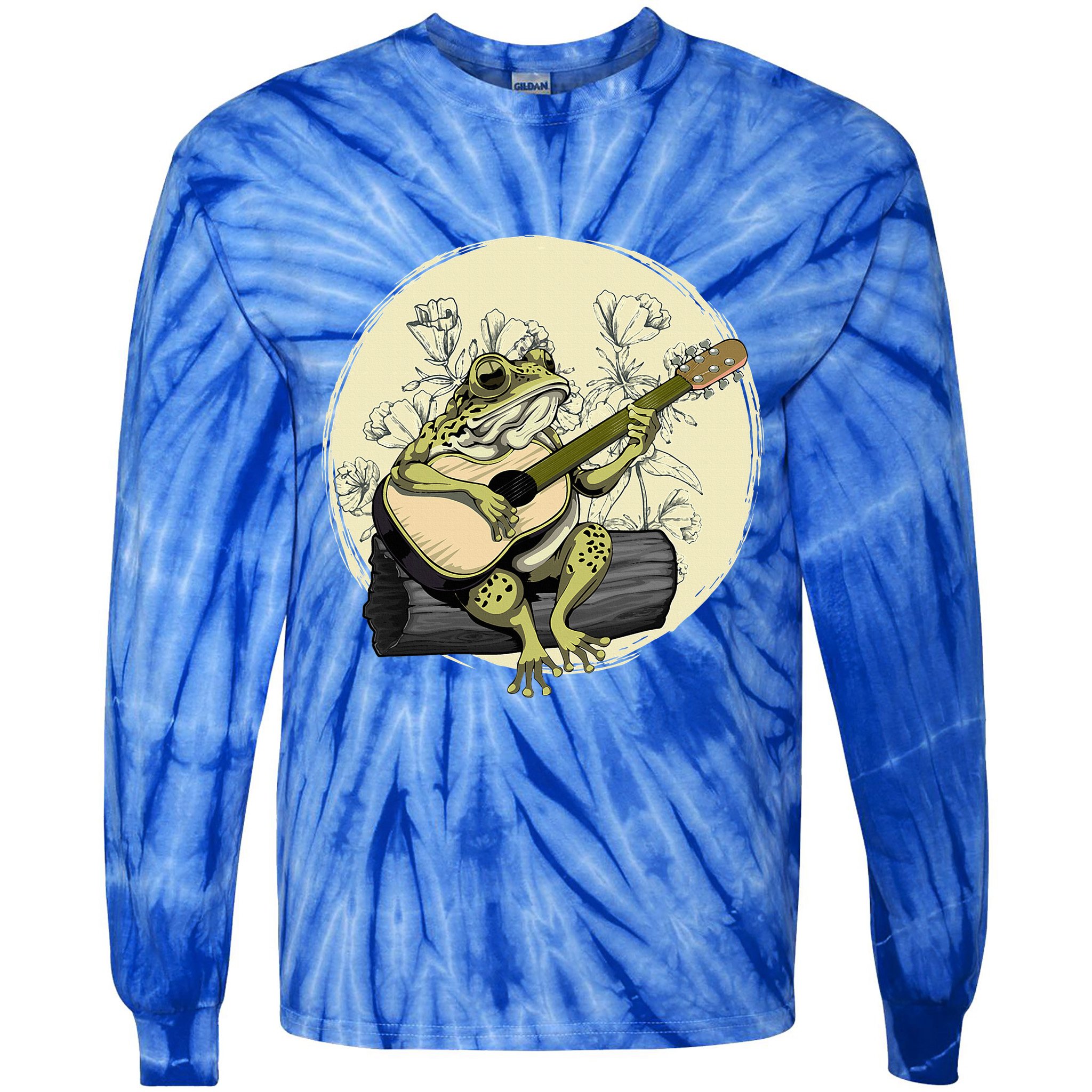 Cottagecore Aesthetic Frog Toad Playing Guitar Banjo On Log Tie-Dye Long Sleeve Shirt