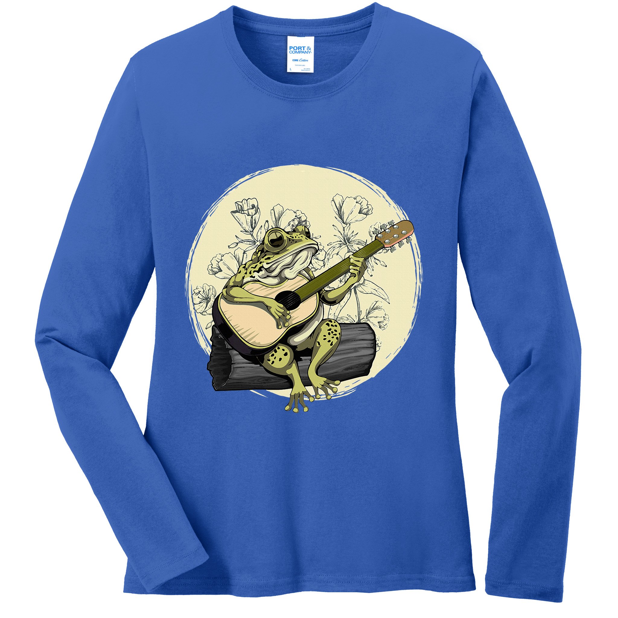 Cottagecore Aesthetic Frog Toad Playing Guitar Banjo On Log Ladies Long Sleeve Shirt