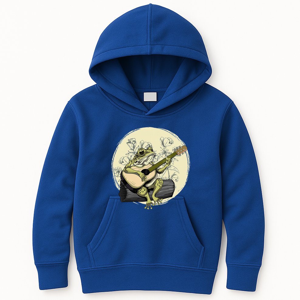 Cottagecore Aesthetic Frog Toad Playing Guitar Banjo On Log Kids Hoodie