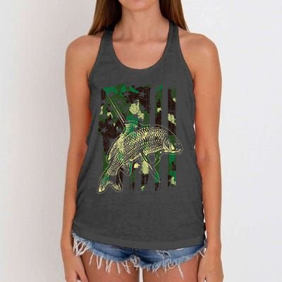 Camo American Flag Bowfishing Gift Bow Fishing Bow Fisher Women's Knotted Racerback Tank