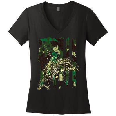 Camo American Flag Bowfishing Gift Bow Fishing Bow Fisher Women's V-Neck T-Shirt