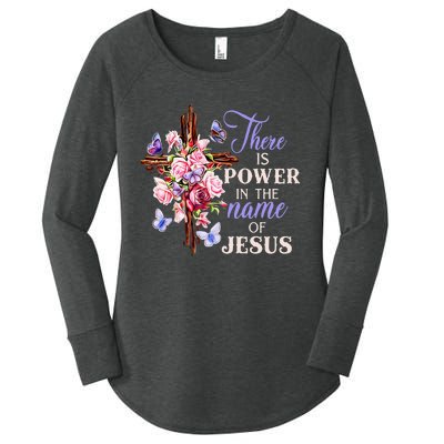 Cross And Flower There Is Power In The Name Of Jesus Christ Women's Perfect Tri Tunic Long Sleeve Shirt