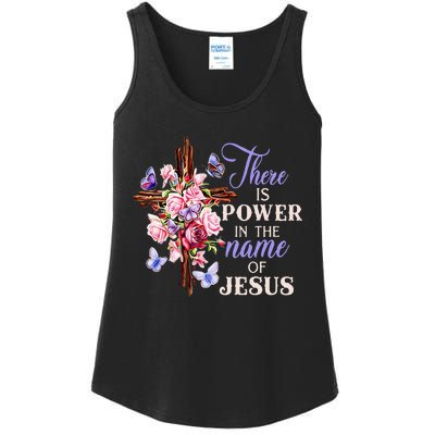 Cross And Flower There Is Power In The Name Of Jesus Christ Ladies Essential Tank