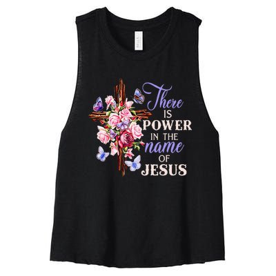 Cross And Flower There Is Power In The Name Of Jesus Christ Women's Racerback Cropped Tank