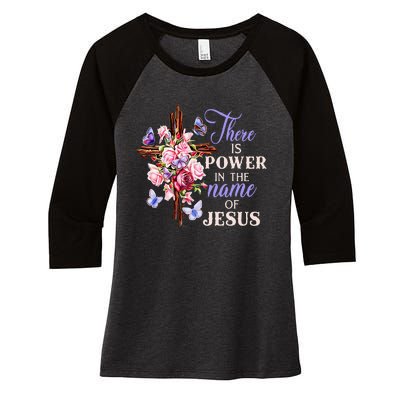 Cross And Flower There Is Power In The Name Of Jesus Christ Women's Tri-Blend 3/4-Sleeve Raglan Shirt