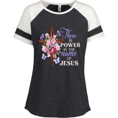 Cross And Flower There Is Power In The Name Of Jesus Christ Enza Ladies Jersey Colorblock Tee