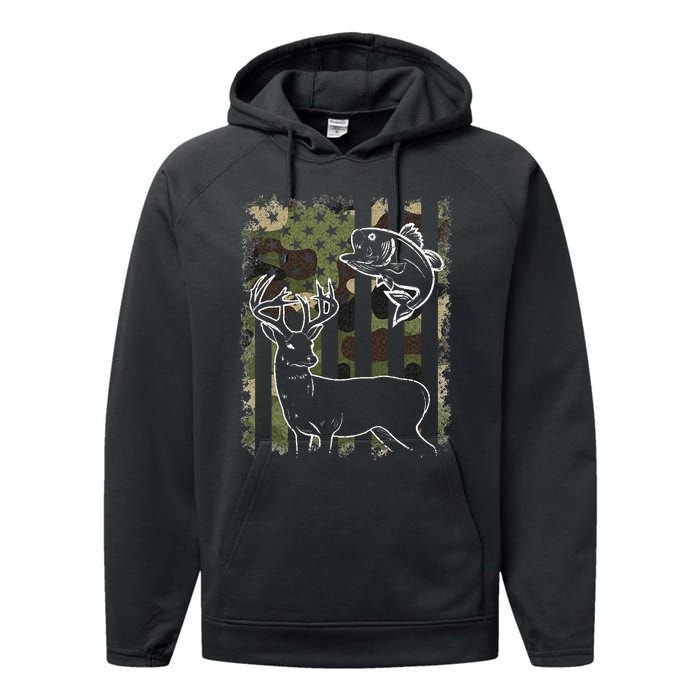 Camouflage American Flag Fishing Hunting Hunter Deer Fish Performance Fleece Hoodie